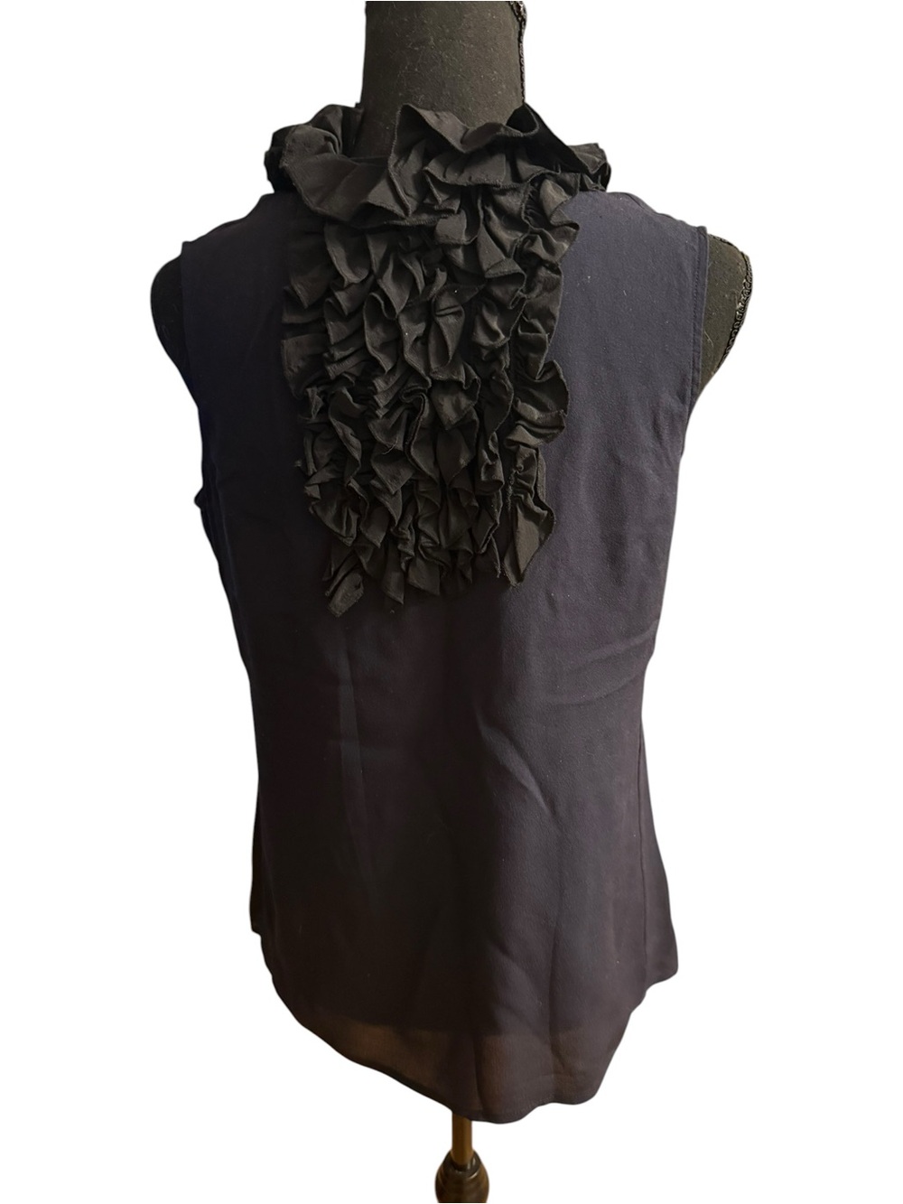 Tory Burch SILK Ruffled Bib Collar Sleeveless Blouse Top Navy Black Size 8